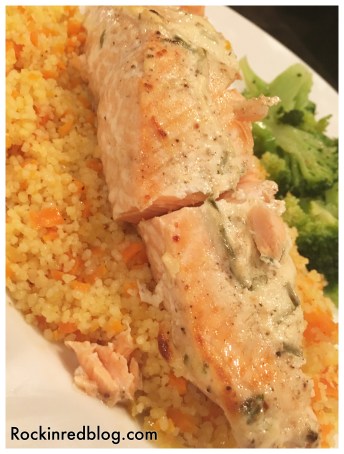 roasted salmon couscous brocolli