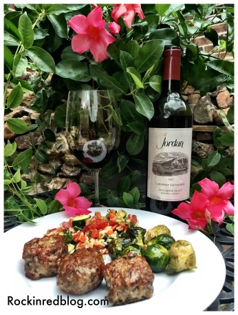 Jordan 2012 Cabernet Sauvignon paired with meatballs orzo veggie salad and roasted Brussels sprouts 